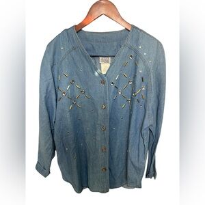 Vintage Denim Embellished Blue Button Down Shirt L